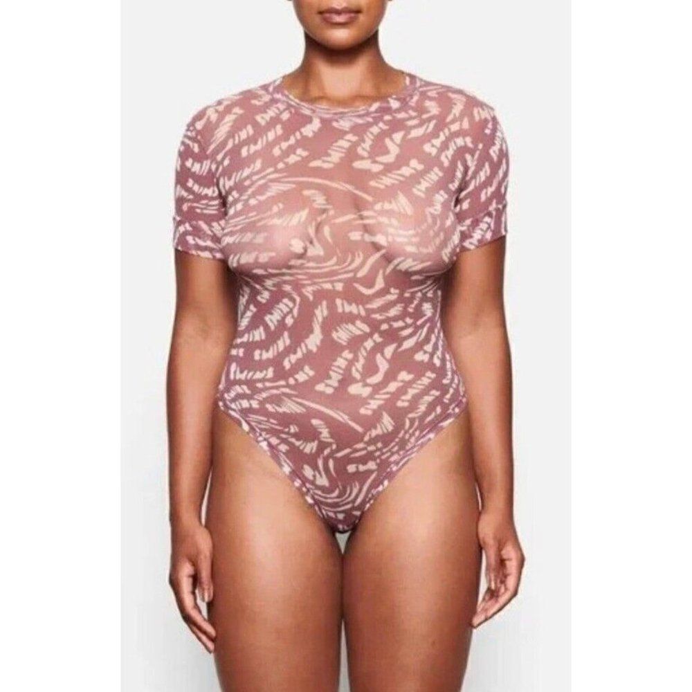 SKIMS fits everybody bodysuit high neck mesh new nwt raspberry swirl